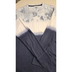 Hollister Long Sleeve Tee Mens Size M Blue White Tie Dye Curved Hem Shirt